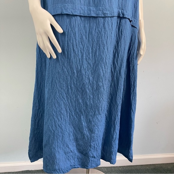 Tusso Crinkle Short Sleeves Kaftan Midi Dress Pockets Blue 2 / M Lagenlook Flowy - Picture 4 of 12